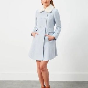 Miss Selfridge Double Breasted Fur Collar Coat, Pale Blue